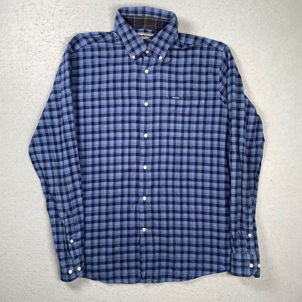 Barbour Button Down Shirt Mens M Blue Plaid Check Tailored Fit Long Sleeve